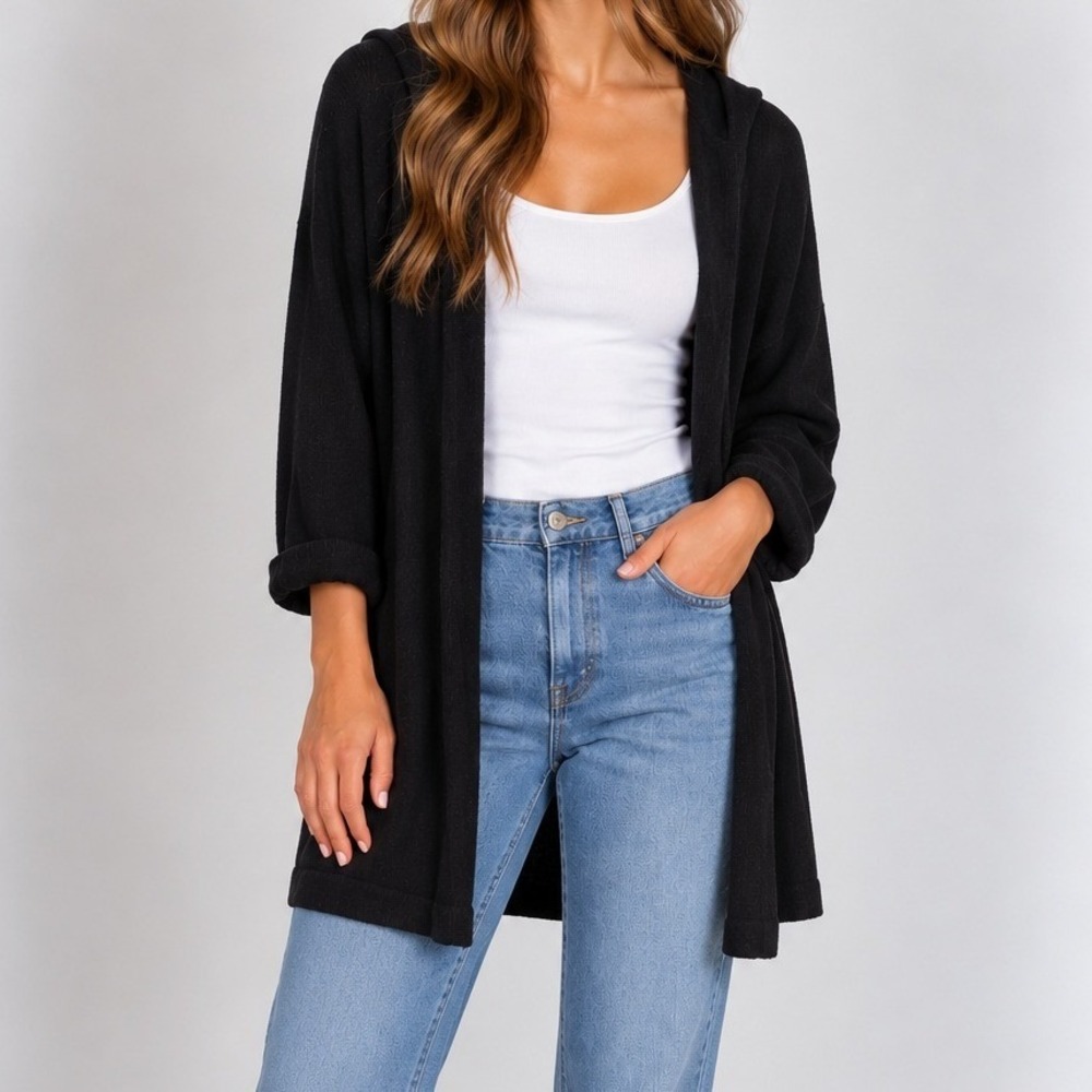 Eileen Fisher Organic Cotton Knit Hood Cardigan Boho Cottagecore Scandi Nuetral